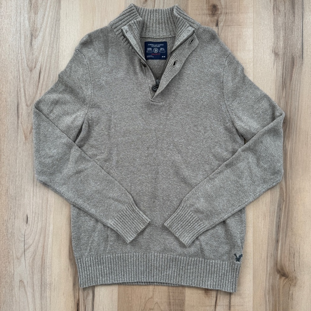 American Eagle Beige Tan Cotton Half Zip & Button Up Knitted Sweater Athletic M
